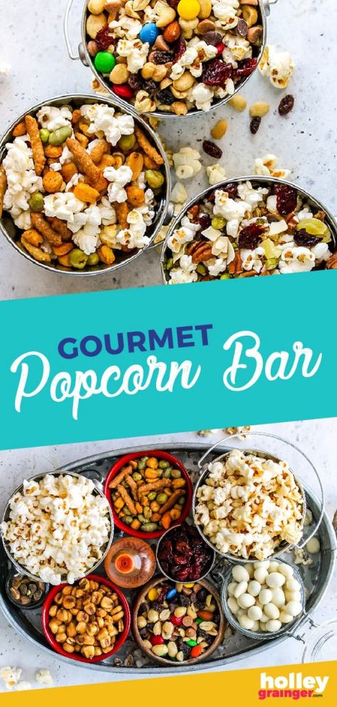 Gourmet Popcorn Bar from Holley Grainger Popcorn Salad Sweet, Party Snacks Cheap, Popcorn Bar Toppings, Gourmet Popcorn Bar, Popcorn Bar Ideas, Diy Popcorn Bar, Savory Popcorn, Party Food Bars, Diy Popcorn