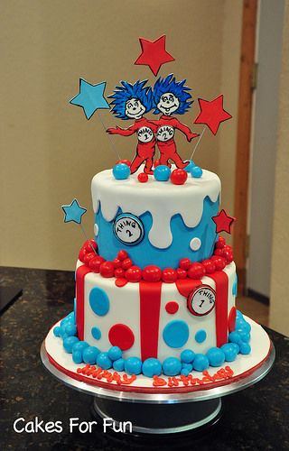 Dr Suess Cakes, Doctor Suess Birthday, Dr Seuss Cake, Dr Suess Birthday, Second Birthday Cakes, Twin Birthday Cakes, Twins First Birthday, Thing 1 And Thing 2, Dr Seuss Birthday Party