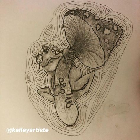 Mushroom Frog Drawing, Flower Garden Tattoo, Moon Mushroom Tattoo, Edgy Tattoo, Skull House, Pink Floyd Tattoo, Frog Sketch, Distortion Art, Moon Mushroom