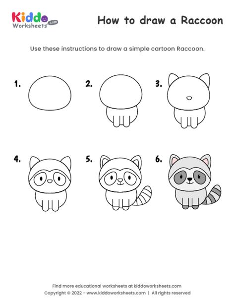 Raccoon Easy Drawing, How To Draw Raccoon, Cartoon Raccoon Drawing, Raccoon Drawing Simple, Draw Raccoon, Cartoon Raccoon, Drawing Worksheet, Raccoon Drawing, Cursive Handwriting Practice