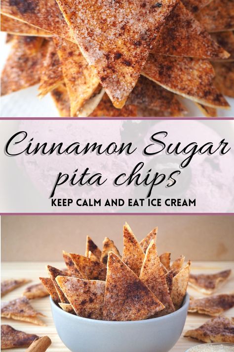 These four ingredient cinnamon sugar pita chips are quick and easy to bake in your oven and a crispy and delicious snack. Why buy commercial cinnamon sugar pita chips when you can make these so easily at home? (My British friends would probably call these Cinnamon sugar pita crisps) Cinnamon Pita Chips Recipe, Cinnamon Pita Chips And Dip, Pita Crisps Recipe, Pita Bread Chips Recipes, Home Made Pita Chips, Pita Chips Baked, Pita Bread Appetizers, Siete Chips, Pita Bread Chips