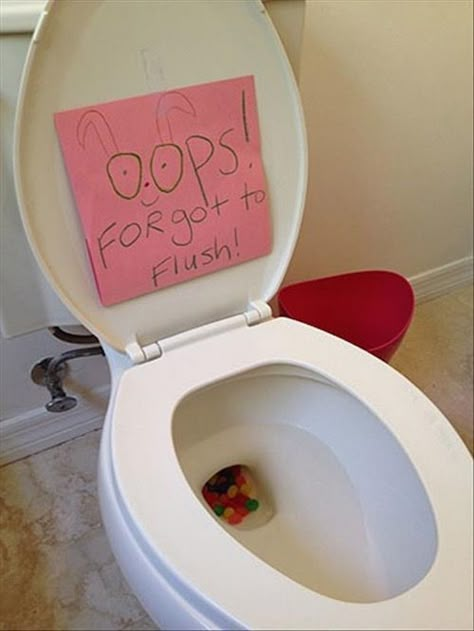 Easter Bunny prank! Put jelly beans in the toilet - kids love this! Except make the note say that the Easter Bunny didn't want to wake anyone by flushing. I'd probably fish out the jelly beans though, so as not to clog the toilet. Here Comes Peter Cottontail, Easter Stuff, Hippity Hoppity, Peter Cottontail, Funny Easter, The Easter Bunny, April Fools Day, Easter Time, Easter Activities