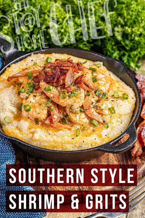 This image contains: A skillet of southern style shrimp and grits with fresh ingredients on the side Best Shrimp And Grits Recipe, Creamy Cheesy Grits, Easy Shrimp And Grits, Southern Shrimp And Grits, Shrimp N Grits Recipe, Cheesy Grits, Grits Recipe, Shrimp Grits, Louisiana Recipes