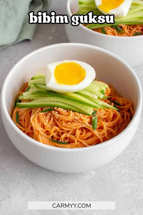 Somyeon Noodles, Guksu Recipe, Nan Recipe, Bibim Guksu, Korean Cold Noodles, Cold Sesame Noodles, Perfect Hard Boiled Eggs, Wheat Noodles, Sesame Noodles