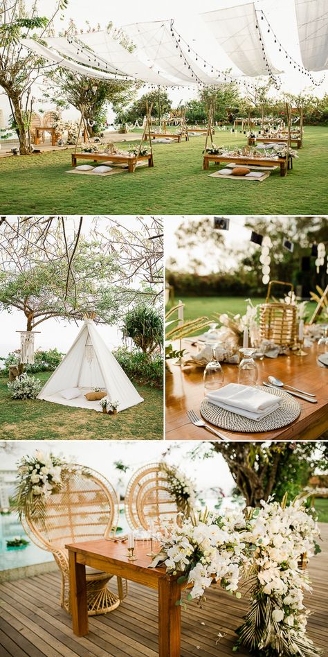 Gorgeous And Glamorous Wonderland In Uluwatu Wedding Boho Picnic Wedding Reception, Outdoor Wedding Essentials, Garden Picnic Wedding Ideas, Picnic Wedding Ideas Receptions, Outdoor Picnic Wedding Ideas, Wedding Reception Picnic Tables, Backyard Picnic Wedding Ideas, Backyard Wedding Picnic, Picnic Wedding Theme