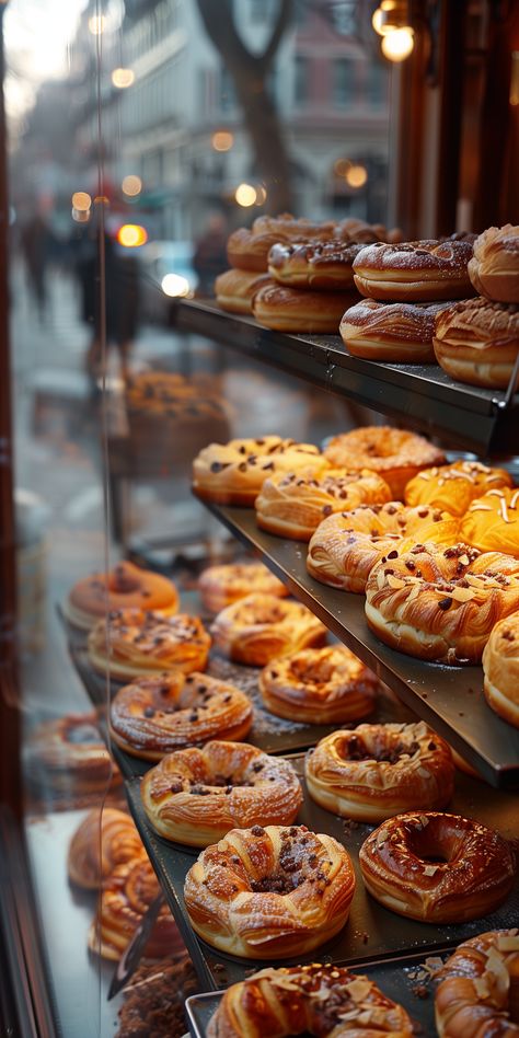 Colorful scene within the famed Dominique Ansel Bakery. Through the bustling atmosphere, unveiling the innovative world of pastry maestro Dominique Ansel. A pastry sensation that marries the flakiness of a croissant with the indulgence of a doughnut. Each delicate masterpiece on display reflects Ansel's commitment to pushing the boundaries of flavor and texture. The play of natural and ambient light accentuates the golden layers of the pastries. Cafe Pastry Display, Pastry School Aesthetic, Easy Cafe Food Ideas, Coffee Shop Pastry Ideas, Coffee And Pastries Aesthetic, French Pastries Aesthetic, French Patisserie Shop, Boulangerie Aesthetic, Vintage Bakery Aesthetic