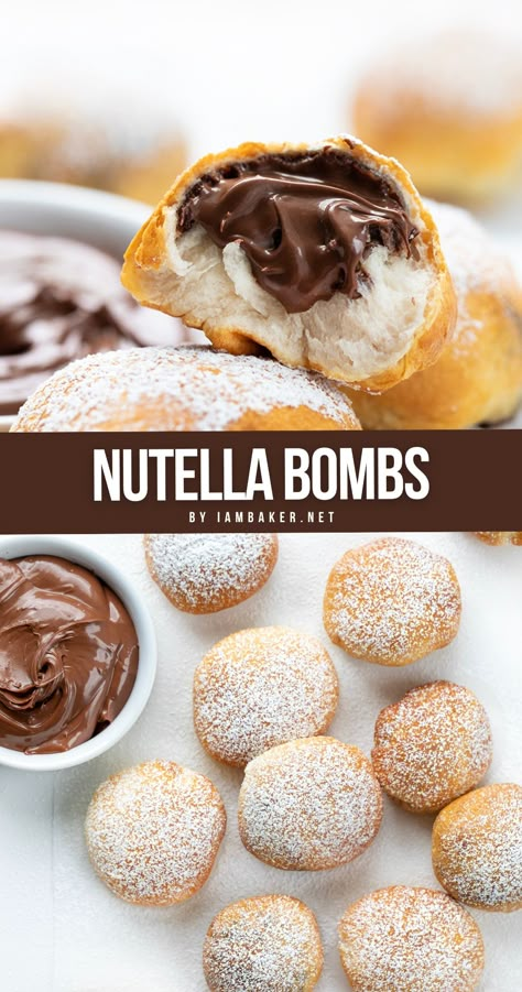 Two images of Nutella.  The first image is a close-up image from the side of a Nutella boma, ripped open showing the inside.  The second image is from overhead and shows the cooked Nutella bombs on a white surface with a bowl of Nutella. Good Simple Desserts, Nutella Balls Recipe, Air Fryer Nutella Crescent Rolls, Desserts Air Fryer Recipes, Bombolini With Nutella, Dessert In Air Fryer Recipe, Recipe Ideas With Biscuits, Things To Bake Or Cook, Simple Nutella Desserts