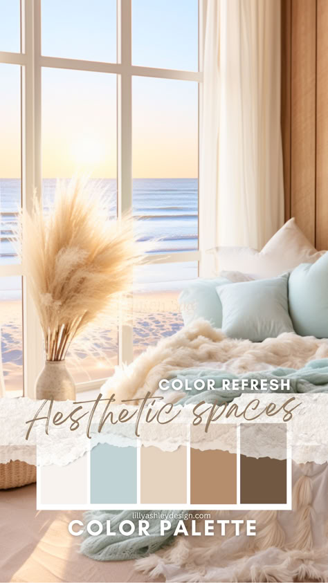 We’ve put together a free beach-inspired color palette for your coastal bedroom! You’ll find a mix of soothing neutrals and ocean hues, complete with hex codes to make your decorating process even easier. These colors will help you create a bedroom that feels like an escape to the coast every day. Sand Coloured Bedroom, Beach Coastal Aesthetic, Beach Sunrise Color Palette, Soothing Color Palette Hex Codes, Sleep Color Palette, Slay Bedroom, Neutral Beach Aesthetic, Cabin Color Palette, Home Color Pallete