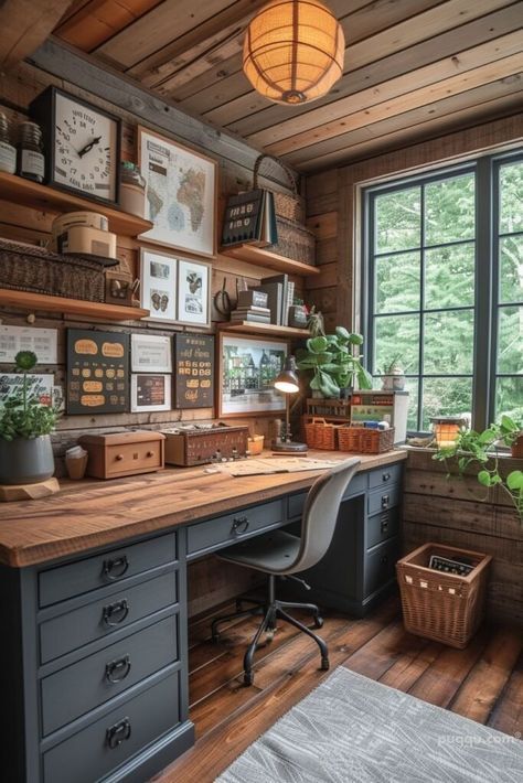 Cottage Core Study Room, Home Design Office, Rustic Home Office Design, Log Cabin Office Interior, Old House Office, Cottage Study Room, Nature Inspired Office Design, Rustic Home Office Decor, Country Study Room