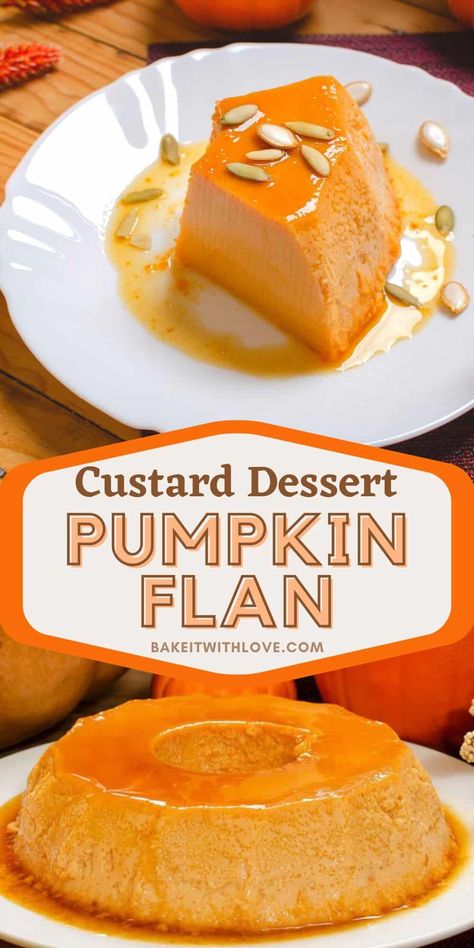 This pumpkin flan is rich, creamy, silky, and loaded with all of your favorite warm and cozy autumn flavors! It is a wonderful seasonal twist on this classic custard dessert. Coated in a decadent homemade caramel sauce, what more could you want? BakeItWithLove.com #bakeitwithlove #pumpkin #flan #custard #dessert #fall Pumpkin Flan, Dessert Fall, Mexican Desserts, Cooking Desserts, Pumpkin Custard, Custard Desserts, Flan Recipe, Homemade Caramel Sauce, Worship Team