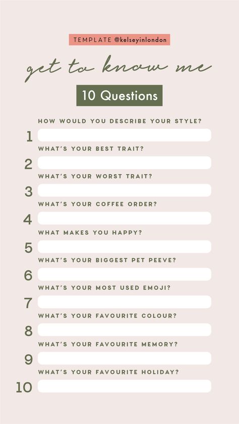 Instagram Story Template – Get To Know Me / About Me Template Me Template, About Me Template, Instagram Story Questions, Instagram Questions, Friend Quiz, Good Traits, Question Game, Instagram Games, Fun Questions To Ask