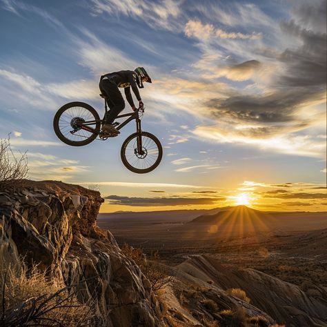 Mountain Biking Sunset: An adventurous mountain biker jumps over a rocky ledge against a breathtaking sunset backdrop. #mountain biking #sunset #adventure #outdoor #cycling #aiart #aiphoto #stockcake ⬇️ Download and 📝 Prompt 👉 https://ayr.app/l/Kac1 Sunset Adventure, Mountain Biking Photography, Sunset Backdrop, Downhill Bike, Sunset Images, Bike Photography, Downhill Mtb, Bike Parking, Motorcycle Riders