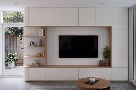 Artarmon House | Dieppe Design | Architecture & Design Tv Wall Ideas With Storage, Tv Wall Design With Storage, Tv Unit Design With Storage, Wall Cabinets Living Room Storage, Tv Design Living Room, Tv Wall Cabinets Living Room, Tv Wall With Storage, Tv Wall Storage, Open Plan Living Room Ideas