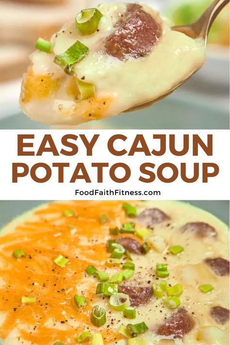 Packed with savory andouille sausage, potatoes, and a blend of Cajun spices, this rich and creamy soup is a flavor explosion in every spoonful. Louisiana Cajun Potato Soup, Andouille Sausage Soup, Cajun Potato Soup, Cajun Soup, Cajun Potatoes, Cajun Spices, Easy Cajun, Cajun Sausage, Cajun Spice