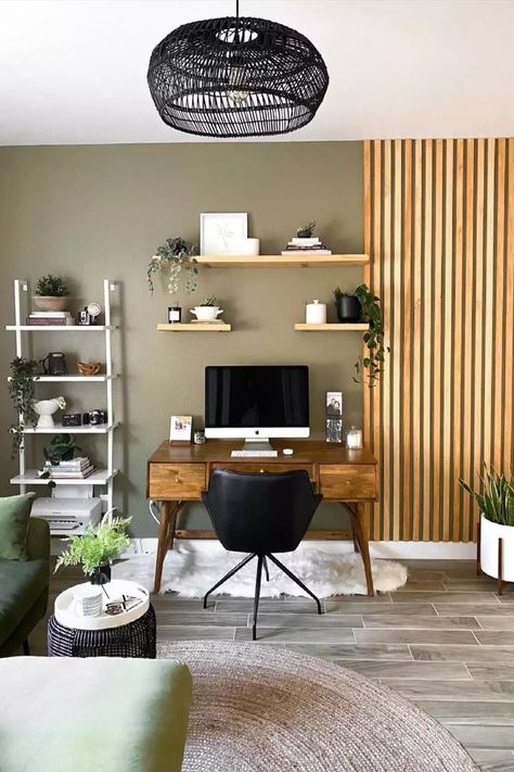 Room Inspo Bookshelf, Statement Walls Living Room, Olive Living Rooms, Small Room Inspo, Bookshelf Bedroom, Pastel Desk, Green Walls Living Room, Pastel Living Room, Green Accent Walls