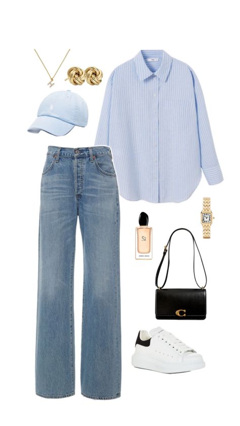 Blue Striped Shirt Outfit, Straight Jeans Outfit, Spring Outfit Idea, Striped Tops, Blue Jean Outfits, Casual College Outfits, Long Sleeve Outfits, Casual Day Outfits, Blouse Work