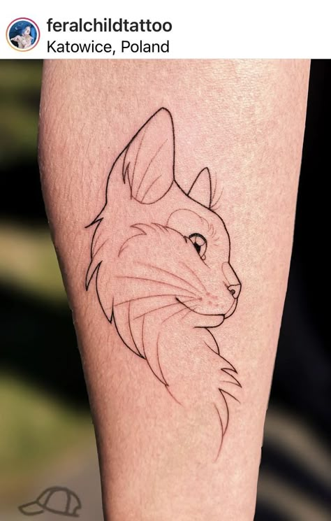 Cat Line Work Tattoo, Pisces Cat Tattoo, Long Hair Cat Tattoo, Cat Face Outline Tattoo, Cat Face Tattoo Simple, Fine Line Color Tattoo, Cat Tattoos Memorial, Memorial Cat Tattoos, Minimalist Cat Tattoo Designs