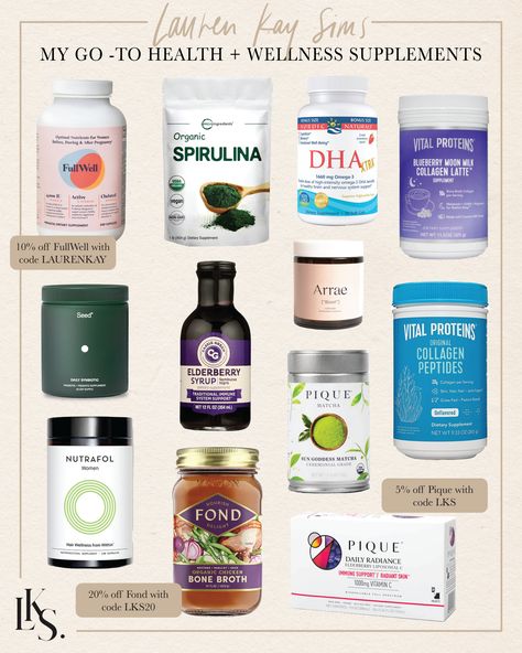 my go-to health + wellness supplements - Lauren Kay Sims Lauren Kay Sims, Healthy Supplements, Vital Proteins, Supplements For Women, Workout Supplements, Best Supplements, After Life, Organic Health, Natural Supplements