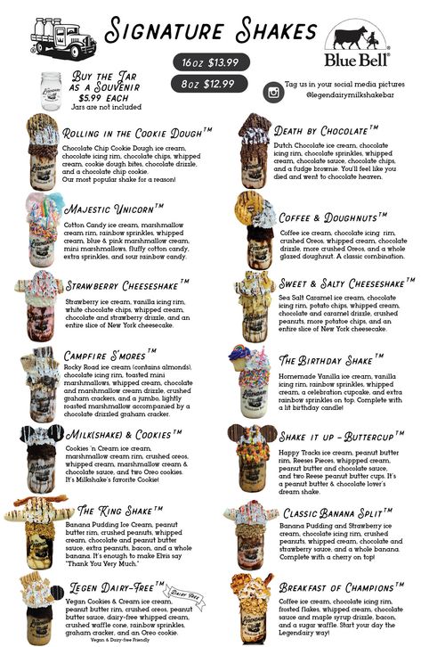 Legendairy Milkshake Bar Menu Milkshake Menu Ideas, Crazy Shakes Ideas, How To Make Homemade Malts, Crazy Mason Milkshake Diy, Gourmet Milkshake Ideas, Milkshake Party Ideas, Milkshake Bar Ideas, Ice Cream Shakes Milkshakes, Milkshake Business