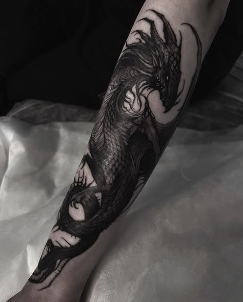 Dragon Tattoo Fantasy Mythical, Mean Dragon Tattoo, Fantasy Dragon Tattoo Arm, Dragon Wrapped Around, Black And Grey Underwater Tattoo, Dark Fantasy Tattoo Design, Black Dragon Tattoo Arm, Neotrad Dragon Tattoo, Best Black Tattoo Ideas