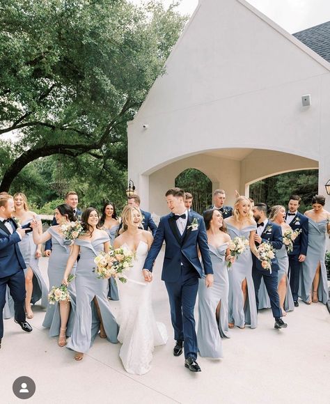 Dusty Blue Groom Attire, Dark Blue Groomsmen Suits Bridal Parties, Twilight Blue Wedding Party, Beige Blue Wedding Theme, Shades Of Blue Wedding Party Attire, Blue Groomsmen Suits Color Schemes, Groomsmen Dark Blue Suit, Blue Tux Wedding Color Schemes, Dusty Blue Bridal Party Groomsmen