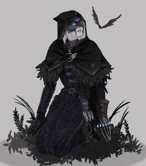 Shadar Kai Cleric, Shadar Kai Art, Necromancer Aesthetic Outfit, Necromancer Outfit, Shadar Kai, Dnd Cleric, Raven Mask, Raven Queen, Dragon Knight