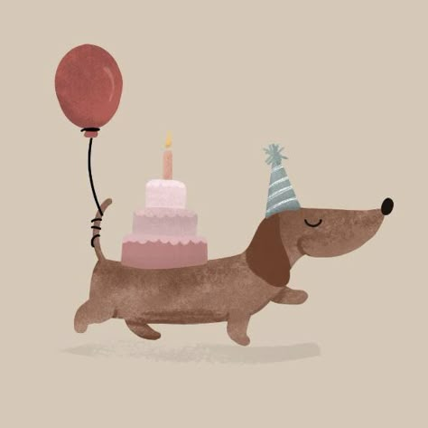 Dachshund Party, Happy Birthday Doodles, Dachshund Drawing, Dachshund Birthday, Happy Birthday Art, Watercolor Birthday Cards, Birthday Card Drawing, Birthday Illustration, Dog Birthday Card