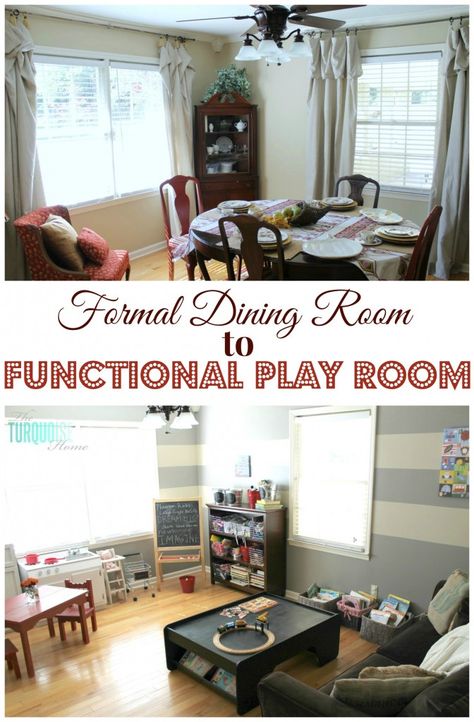 I LOVE this idea of taking a room you hardly use and turning it into something truly functional for your family! Dining Room Into Playroom, Dining Room To Playroom, Convert Dining Room, Dining Room Playroom Combo, Dining Room Playroom, Functional Play, Room Feng Shui, Living Room Playroom, Dining Room Remodel