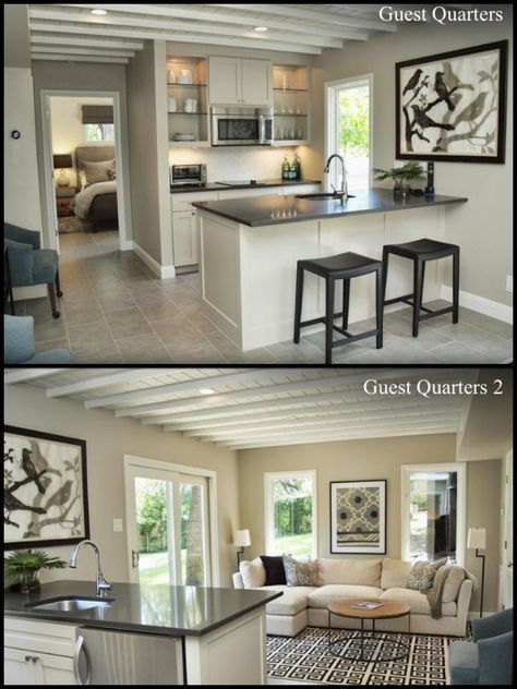 Neutral grey tones for Guest Quarters which include Bed and Bath | Kitchenette | Living Room | Shutterbug Studios-TAP Mother In Law Apartment, Guest Quarters, Inlaw Suite, In Law House, In-law Apartment, Bed And Bath, Basement Kitchen, Basement Apartment, Garage Apartment