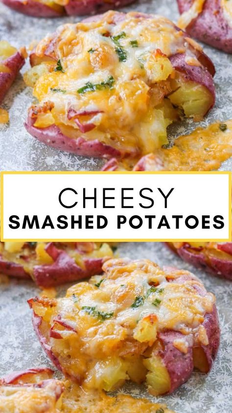 These Smashed Potatoes are small red potatoes boiled until slightly soft, smashed, and basted with a seasoned garlic butter. Then before being roasted for the second time in the oven, they’re topped generously with cheese and chives. It’s a delicious and super easy potato side dish for any night of the week and one you’ll add to your regular menu rotation. Smashed Potatoes With Cheese, Roasted Cheesy Potatoes, Red Skin Potatoes Recipe, Small Potatoes Recipe, Smashed Potatoes Baked, Baked Red Potatoes, Potatoes With Cheese, Roasted Smashed Potatoes, Potato Side Dishes Easy