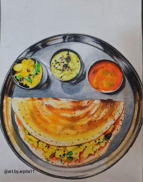 Colour pencils work Dosa Painting, Dosa Drawing, Food Paintings, Food Art Painting, Masala Dosa, Pencil Work, Buddha Art Painting, Food Menu Design, Madhubani Art