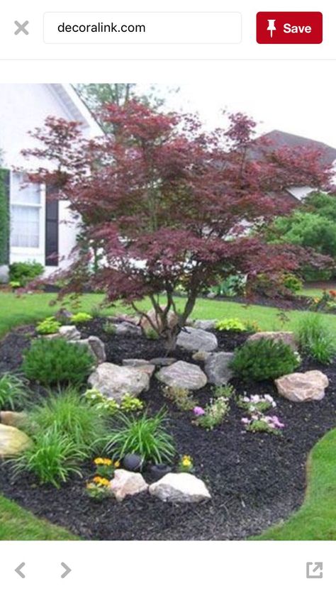 Landscape Around Small Tree, Tree On Slope Landscaping Ideas, Landscaping Split Level Front Yard, Front Yard Big Tree Landscaping Ideas, Front Yard Landscaping With Tree In Middle, Tree With Plants Around It, Mound Planting Garden Ideas, Corner Tree Landscaping, Front Yard Bench Landscaping