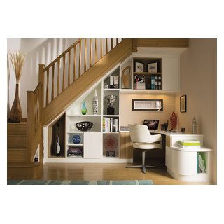 Browse Desk Under Stairs ideas and designs in Photos | Houzz UK Desk In Stair Landing, Study Room Under Staircase, Under The Stairs Work Space, Under Stairs Study Area, Study Area Under Staircase, Understair Desk Ideas, Office Desk Under Stairs, Under The Stairs Office Ideas, Under Stairs Computer Desk