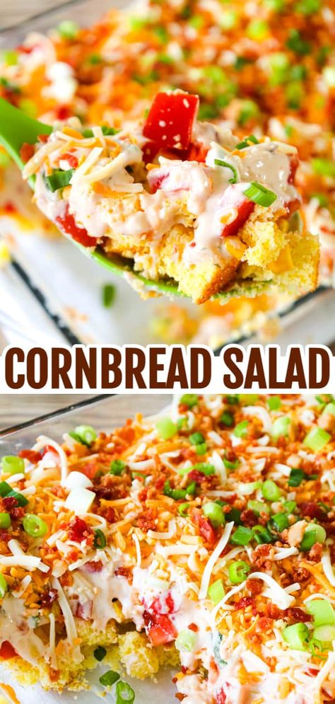 Cornbread Salad is a tasty side dish recipe loaded with cornbread pieces, diced tomatoes, diced bell peppers, corn, shredded cheese, chopped green onions, crumbled bacon and a dressing made from sour cream, ranch and salsa. Memorial Day Veggie Sides, Layered Cornbread Salad Recipe, Cornbread Salad With Ranch Dressing, Cornbread Dip Recipe, Salad Casserole Recipe, Fish Fry Potluck Ideas, Chili Cornbread Salad Taste Of Home, Mississippi Cornbread Salad, Paula Deen Cornbread Salad