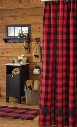 Buffalo Check Bear Shower Curtain Lodge Shower Curtain, Camp Decor, Cabin Decorating, Cabin Bathrooms, Log Cabin Decor, Bathroom Themes, Bathroom Red, Social Circle, Rustic Cabin Decor