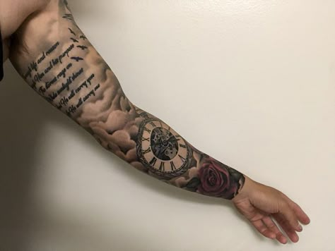 Time Is Valuable Tattoos, Male Sleeve Tattoos, Filling Tattoo Ideas, Male Forearm Tattoo, Male Arm Tattoos, Fill In Tattoos, Fill In Tattoo Ideas Sleeve, Fill In Tattoo Ideas, Bird Skull Tattoo