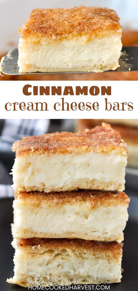 These 6-ingredient Cinnamon Cream Cheese Bars have a thick layer of cream cheese nestled between two layers of flaky crescent roll crust. Cream Cheese Crescent Roll Dessert, Cinnamon Cream Cheese Bars, Crescent Roll Recipes Dessert, Cheese Bars, Bar Desserts, Cream Cheese Bars, Cinnamon Cream Cheese, Cream Cheese Danish, Cream Cheese Desserts