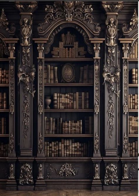 Gothic Library Exterior, Victorian Gothic Library, Bookshelf Victorian, Victorian Library Aesthetic, Gothic Library, Vampire House, Royal Room, Epic Fantasy Books, Dark Acadamia