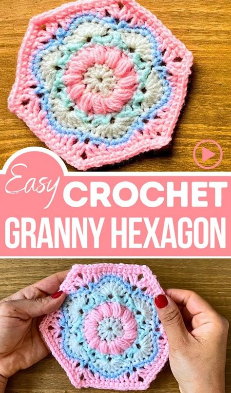 Hexagon Granny Square Half Granny Square Pattern, Pretty Granny Squares, Hexagon Granny Square Pattern, Crochet Hexagon Granny Square, Textured Granny Square, Crochet Hexagon Pattern, Hexagon Granny Square, Crochet Granny Hexagon, Crochet Hexagon Blanket