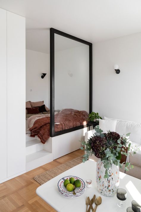 The Sofa Bed Is Dead—Here Are 10 Designer-Approved Alternatives Mezzanine Bed, Studio Apartment Living, White Apartment, Deco Studio, Tiny Apartments, Apartment In Paris, Elegant Sofa, Wall Bed, Furnished Apartment