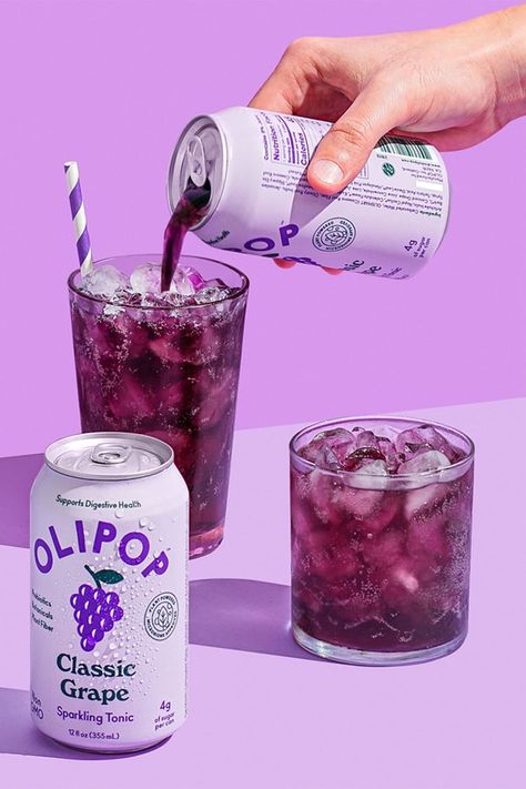 OLIPOP Soda Review Olipop Soda, Concord Grape Juice, Drink Product Photography, Grape Drink, Shop Fridge, Soda Ads, Healthy Soda, High Protein Bars, Caramel Crunch