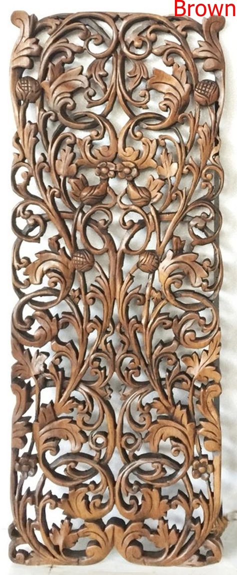 Teak Wall Art, Lotus Flower Carving, Bamboo Headboard, Wooden Wall Art Panels, Carved Wooden Panels, Wall Carvings, Wall Art Panel, Wall Art Panels, White Wood Wall