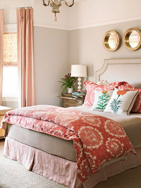 A thread of reddish orange unites the patterns in this bedroom, but if you look a little closer, you'll also discover a subtle circle motif: http://www.bhg.com/rooms/bedroom/master-bedroom/beautiful-boudoirs/?socsrc=bhgpin032514movingtheme&page=8 Coral Bedroom, Dreamy Bedrooms, Gray Bedroom, Master Bedrooms, Settee, Beautiful Bedrooms, My New Room, Dream Bedroom, Apartment Therapy