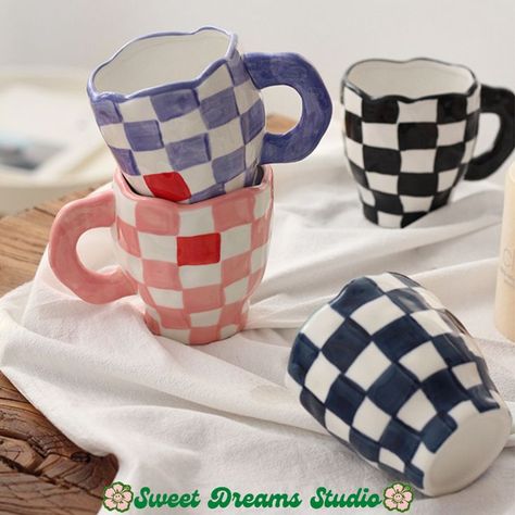 Checkered Mug, Hand Painted Mugs, Painted Mugs, Cup Art, Couple Mugs, Floral Pillow Cover, Candle Vase, Soft Carpet, Glass Candlesticks