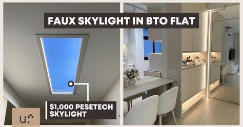 This Homeowner Created A Faux Skylight In Her HDB BTO & It Looks All Sorts Of Amazing Faux Skylight Ceilings, Skylights Ideas Ceilings, Faux Skylight, False Ceiling Ideas, Cornice Design, Hallway Mirror, Blue Sky Background, Light Panel, Ceiling Ideas