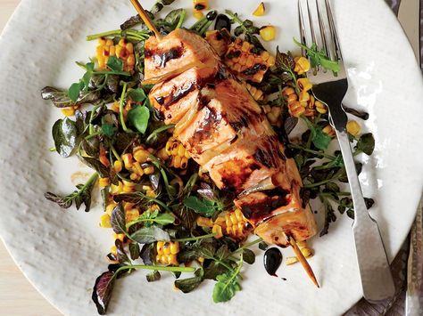 Ginger Salmon, Watercress Salad, Meat And Vegetables, Healthy Fish, Watercress, Quick Weeknight Dinners, Grilled Corn, Grilled Salmon, Sea Food