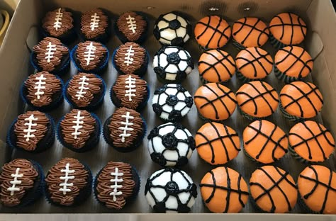 Sports Ball Cupcakes, Sports Birthday Cupcakes, Sports Birthday Party Snacks, Sports Ball Birthday Cake, Sports Cupcakes Ideas Boys, Sporty Birthday Party Ideas, Ball Cakes For Boys, Cupcake Basketball, Girls Sports Birthday Party