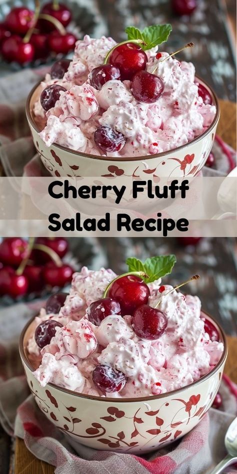 How about a new salad idea? This cherry fluff salad recipe is perfect! A delicious cherry dessert and refreshing addition to your salad recipes for dinner. Ideal for any occasion. Cherry Fluff Salad, Cherry Fluff, Fluff Salad Recipes, Easy Fruit Salad Recipes, Cherries Salad, Christmas Salad Recipes, Fluff Salad, Fluff Recipe, Fluff Desserts