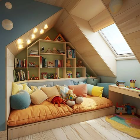 15+ Attic Room Designs Featuring Creative Playrooms for Kids • 333+ Inspiring Lifestyle Ideas Dormer Playroom Ideas, Attic Toy Room Ideas, Playroom With Bed, Attic Boys Bedroom, Attic Room Color Ideas, Attic Turned Playroom, Kids Attic Bedroom, Loft Room Ideas Upstairs, Kids Room Attic