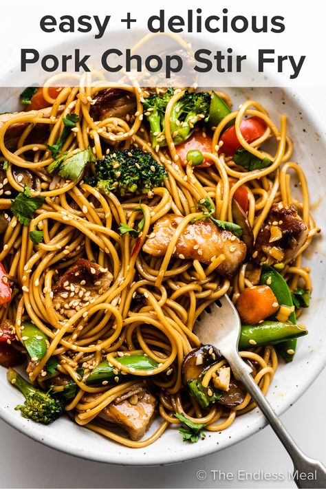 Pork Chop Stir-Fry - The Endless Meal® Healthy Pork Chop Meals Easy Dinners, Stir Fry With Pork Chops, Pork Fried Noodles Stir Fry, Pork Stir Fry With Noodles, Asian Boneless Pork Chops, The Endless Meal Recipes, Pork Fried Noodles, Pork Noodle Stir Fry Recipes, Leftover Pork Ideas